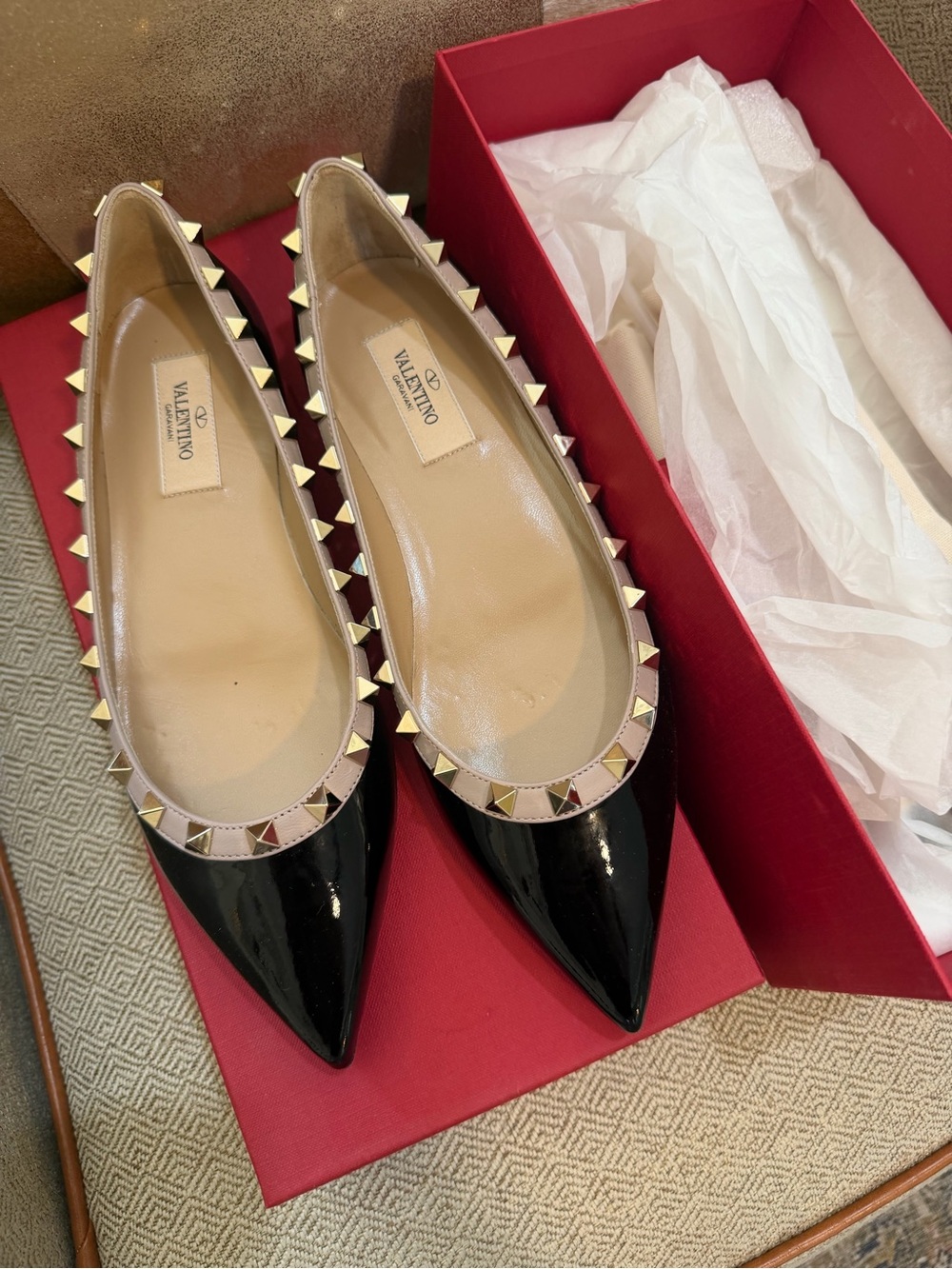 Valentino Black Patent Pointed-Toe Rockstud Trim Flats